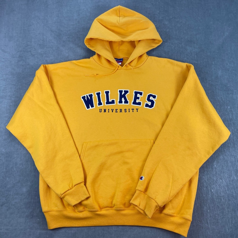 Wilkes University Men XXL Yellow Champion Pullover Hoodie Tackle Twill Logo